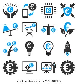 Euro business and start up icons. These symbols use modern corporate light blue and gray colors.