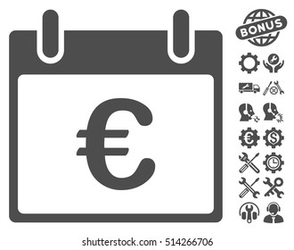 Euro Calendar Day icon with bonus settings pictograms. Vector illustration style is flat iconic symbols, gray, white background.