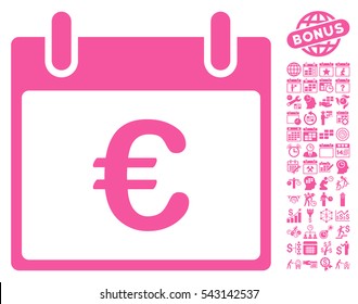 Euro Calendar Day icon with bonus calendar and time management pictograms. Vector illustration style is flat iconic symbols, pink, white background.