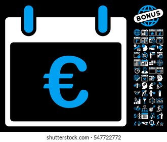 Euro Calendar Day icon with bonus calendar and time management images. Vector illustration style is flat iconic symbols, blue and white, black background.