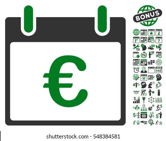 Euro Calendar Day pictograph with bonus calendar and time management icon set. Vector illustration style is flat iconic symbols, green and gray, white background.