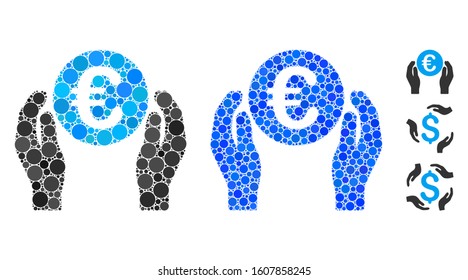 Euro care hands composition of filled circles in various sizes and color hues, based on Euro care hands icon. Vector filled circles are united into blue mosaic.