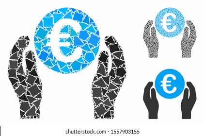 Euro care hands composition of rugged parts in variable sizes and color hues, based on Euro care hands icon. Vector tremulant parts are combined into composition.