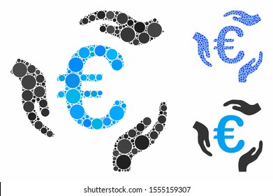Euro care hands composition of small circles in various sizes and color hues, based on Euro care hands icon. Vector random circles are united into blue composition.