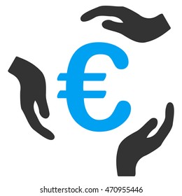 Euro Care Hands icon. Vector style is bicolor flat iconic symbol with rounded angles, blue and gray colors, white background.