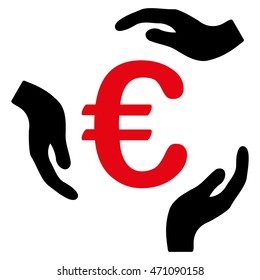 Euro Care Hands icon. Vector style is bicolor flat iconic symbol with rounded angles, intensive red and black colors, white background.