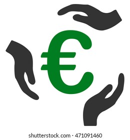 Euro Care Hands icon. Vector style is bicolor flat iconic symbol with rounded angles, green and gray colors, white background.