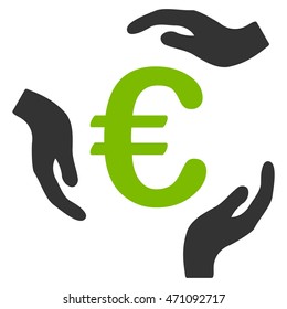 Euro Care Hands icon. Vector style is bicolor flat iconic symbol with rounded angles, eco green and gray colors, white background.