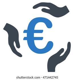 Euro Care Hands icon. Vector style is bicolor flat iconic symbol with rounded angles, smooth blue colors, white background.