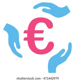 Euro Care Hands icon. Vector style is bicolor flat iconic symbol with rounded angles, pink and blue colors, white background.