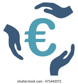 Euro Care Hands icon. Vector style is bicolor flat iconic symbol with rounded angles, cyan and blue colors, white background.
