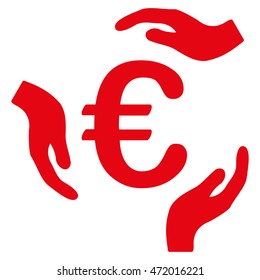 Euro Care Hands icon. Vector style is flat iconic symbol with rounded angles, red color, white background.