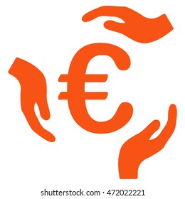 Euro Care Hands icon. Vector style is flat iconic symbol with rounded angles, orange color, white background.