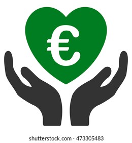Euro Care Hands icon. Vector style is bicolor flat iconic symbol with rounded angles, green and gray colors, white background.