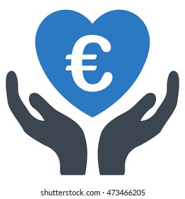Euro Care Hands icon. Vector style is bicolor flat iconic symbol with rounded angles, smooth blue colors, white background.