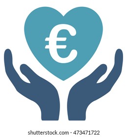 Euro Care Hands icon. Vector style is bicolor flat iconic symbol with rounded angles, cyan and blue colors, white background.