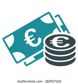 Euro cash from BiColor Euro Banking Icon Set. Vector style: flat bicolor, soft blue symbol, rounded angles, white background.