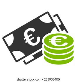 Euro cash from BiColor Euro Banking Icon Set. Vector style: flat bicolor, eco green and gray symbol, rounded angles, white background.