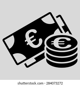 Euro cash from BiColor Euro Banking Icon Set. Vector style: flat, black symbol, rounded angles, light gray background.