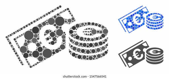 Euro cash composition of spheric dots in different sizes and color hues, based on Euro cash icon. Vector round elements are combined into blue composition.