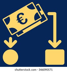 Euro Cash Flow vector icon. Style is flat symbol, yellow color, rounded angles, blue background.