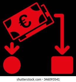 Euro Cash Flow vector icon. Style is flat symbol, red color, rounded angles, black background.