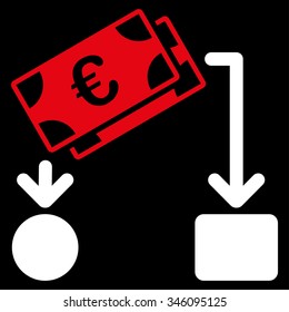 Euro Cash Flow vector icon. Style is bicolor flat symbol, red and white colors, rounded angles, black background.