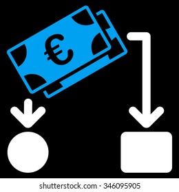 Euro Cash Flow vector icon. Style is bicolor flat symbol, blue and white colors, rounded angles, black background.