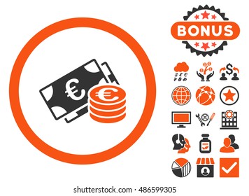 Euro Cash icon with bonus elements. Vector illustration style is flat iconic bicolor symbols, orange and gray colors, white background.
