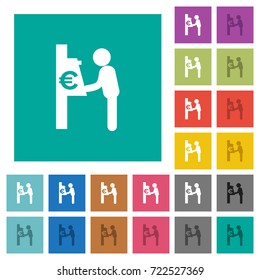 Euro cash machine multi colored flat icons on plain square backgrounds. Included white and darker icon variations for hover or active effects.