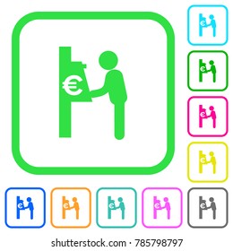 Euro cash machine vivid colored flat icons in curved borders on white background