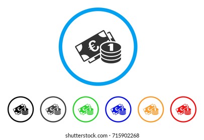 Euro Cash Money icon. Vector illustration style is a flat iconic euro cash money gray rounded symbol inside light blue circle with black, gray, green, blue, red, orange color versions.