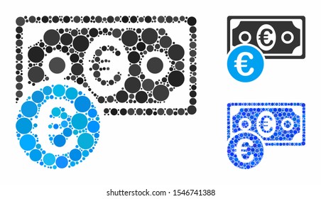 Euro cash money mosaic of spheric dots in different sizes and color hues, based on Euro cash money icon. Vector dots are combined into blue composition.