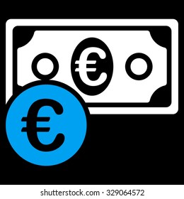Euro Cash Money vector icon. Style is bi-color flat symbol, blue and white colors, rounded angles, black background.