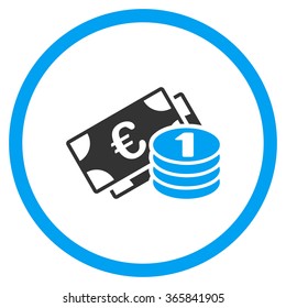 Euro Cash Money vector icon. Style is bicolor flat circled symbol, blue and gray colors, rounded angles, white background.