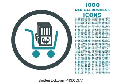 Euro Cash Out rounded vector bicolor icon with 1000 medical business icons. Set style is flat pictograms, soft blue colors, white background.