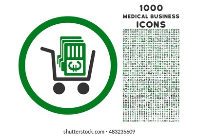Euro Cash Out rounded vector bicolor icon with 1000 medical business icons. Set style is flat pictograms, green and gray colors, white background.