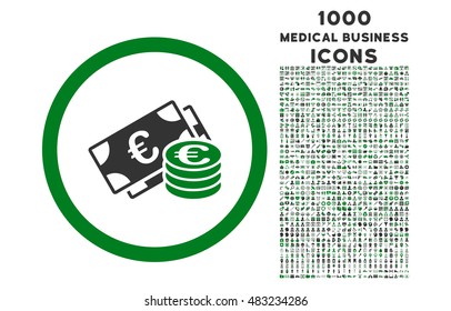 Euro Cash rounded vector bicolor icon with 1000 medical business icons. Set style is flat pictograms, green and gray colors, white background.