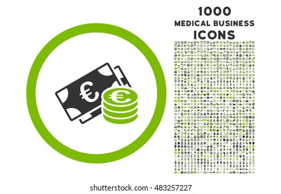 Euro Cash rounded vector bicolor icon with 1000 medical business icons. Set style is flat pictograms, eco green and gray colors, white background.