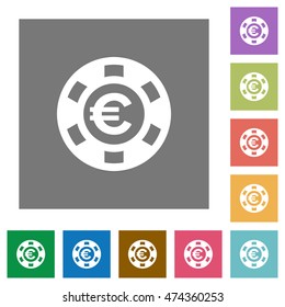 Euro casino chip flat icon set on color square background.