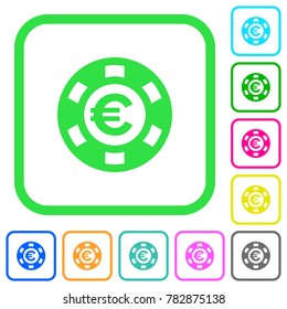 Euro casino chip vivid colored flat icons in curved borders on white background