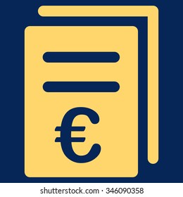 Euro Catalog List vector icon. Style is flat symbol, yellow color, rounded angles, blue background.