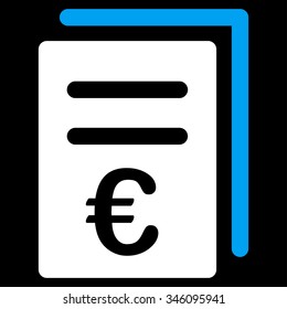 Euro Catalog List vector icon. Style is bicolor flat symbol, blue and white colors, rounded angles, black background.