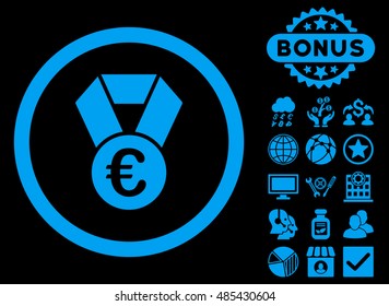 Euro Champion Medal icon with bonus pictures. Vector illustration style is flat iconic symbols, blue color, black background.