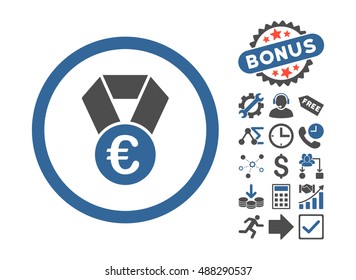 Euro Champion Medal icon with bonus clip art. Vector illustration style is flat iconic bicolor symbols, cobalt and gray colors, white background.