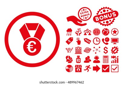 Euro Champion Medal pictograph with bonus icon set. Vector illustration style is flat iconic symbols, red color, white background.