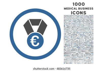 Euro Champion Medal rounded vector bicolor icon with 1000 medical business icons. Set style is flat pictograms, cobalt and gray colors, white background.