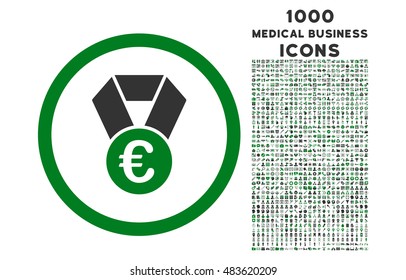 Euro Champion Medal rounded vector bicolor icon with 1000 medical business icons. Set style is flat pictograms, green and gray colors, white background.