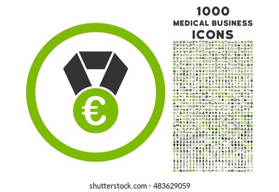 Euro Champion Medal rounded vector bicolor icon with 1000 medical business icons. Set style is flat pictograms, eco green and gray colors, white background.