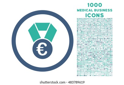Euro Champion Medal rounded vector bicolor icon with 1000 medical business icons. Set style is flat pictograms, cobalt and cyan colors, white background.